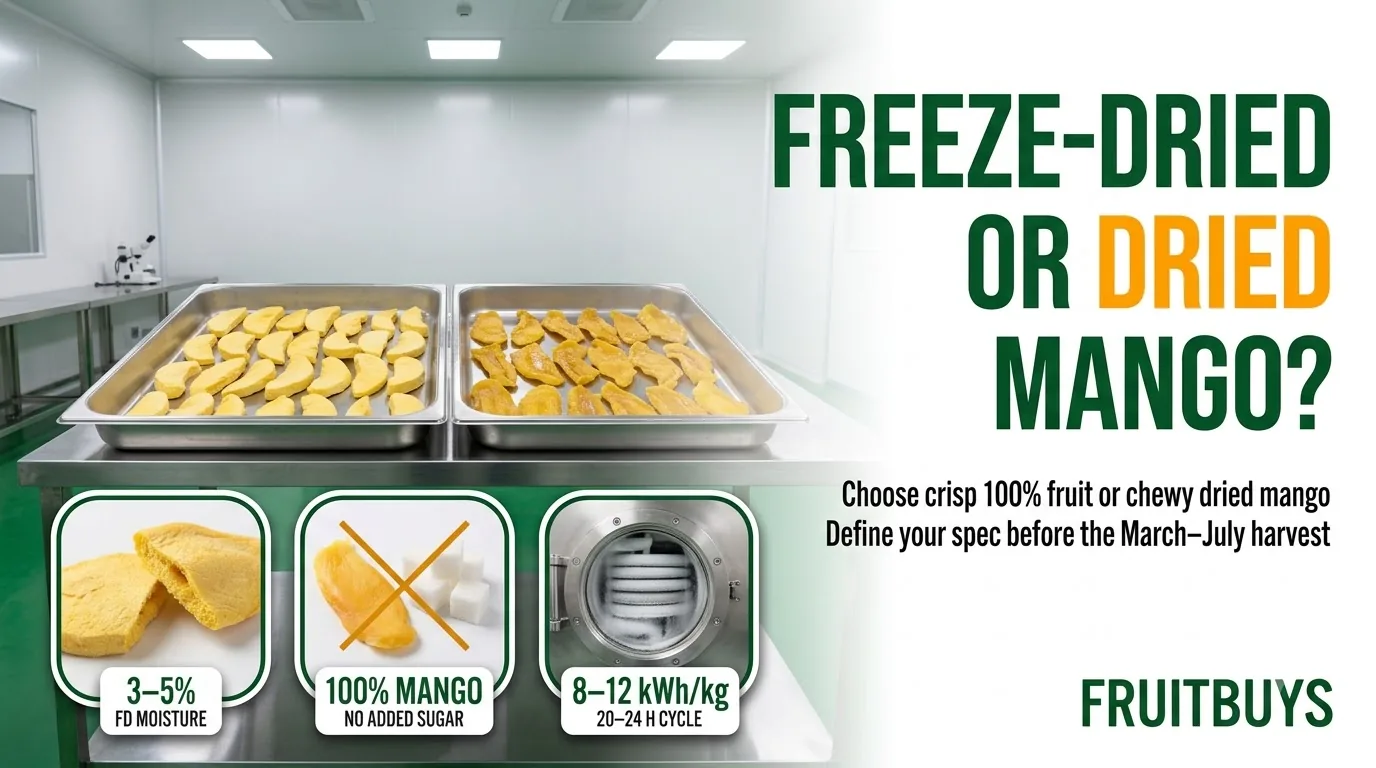 Is Freeze-Dried Mango the Right Choice for Your Product, or Is Dried Mango Enough? Side-by-side comparison of crisp freeze-dried mango slices at 3-5% moisture and chewy hot-air dried mango strips in a B2B quality control room.